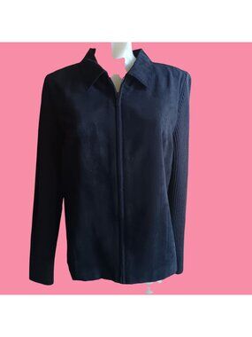 12P Studio Works Petite Navy Black Zip Front Jacket With Ribbed Sleeves